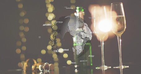 Glowing two champagne flutes catching bright glare on shiny table, showing green bottle, globe © vectorfusionart