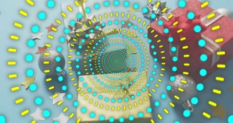 Fotobehang Vlees Showing festive scene with turquoise-dot spiral yellow dashes on pale blue, red gift, silver bauble  © vectorfusionart