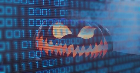 Naklejka premium Glowing carved jack-o'-lantern emitting warm light on dark studio table, with cyan binary overlay