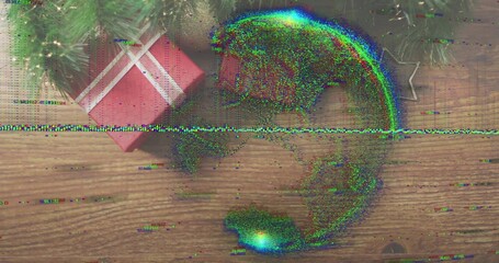 Displaying red gift box white-ribboned on wood tabletop, pine sprigs and glitch, copy space