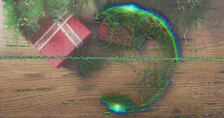 Fotobehang Vlees Displaying red gift box white-ribboned on wood tabletop, pine sprigs and glitch, copy space  © vectorfusionart