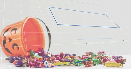 Tipping orange pumpkin bucket spilling wrapped candy on white table, with 3D grid and blue polygons