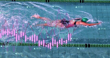 Swimming woman cutting through pool lane, with green cap, goggles, red-black swimsuit, data charts
