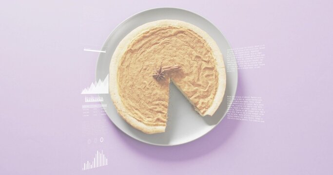Fototapeta Displaying tart on white plate on lilac tabletop, showing wedge, spice garnish, shadow, overlays