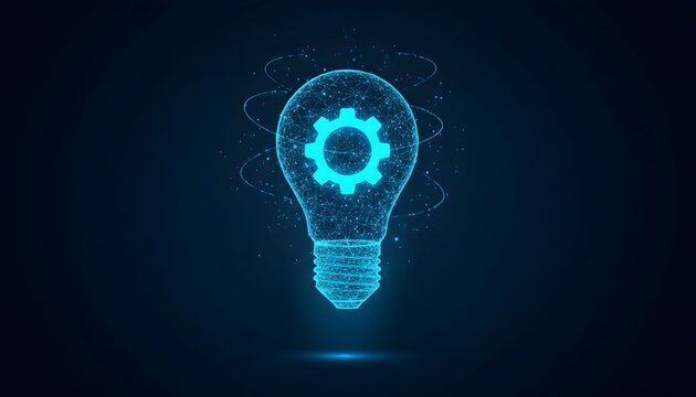 A glowing blue digital lightbulb with a gear inside, symbolizing innovation and technology.
