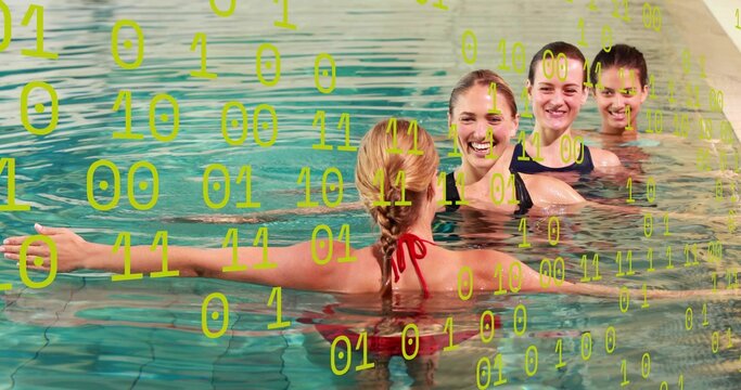Standing four adult women in swimsuits in chest-deep pool, showing braid and pool tile binary code
