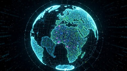 Digital Holographic Earth Globe with Glowing Data Points on Dark Background