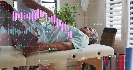 Therapist manipulating senior male's knee at clinic table with hands in scrubs and data overlay
