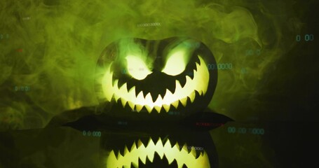 Glowing carved pumpkin casting green light on glossy table, with swirling smoke and cyan glyphs