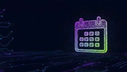 Abstract digital calendar icon with a futuristic design, glowing on a dark background.