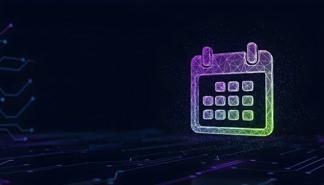 Abstract digital calendar icon with a futuristic design, glowing on a dark background.