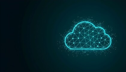 Glowing polygonal cloud icon representing cloud computing and data storage on a dark digital background.