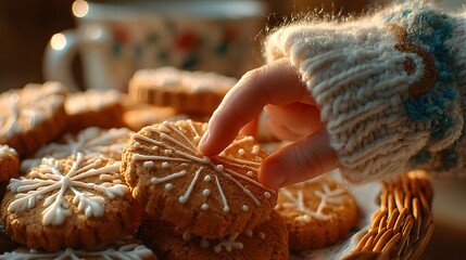 Fototapeta premium Delicious homemade Christmas cookies with intricate snowflake and holiday themed icing decorated in a basket on cozy table for festive celebration