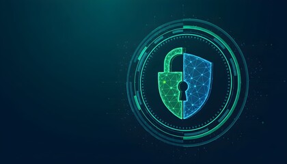 Cybersecurity concept with a glowing digital padlock and shield on a dark background.