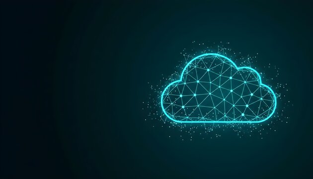Glowing polygonal cloud icon representing cloud computing and data storage on a dark digital background.