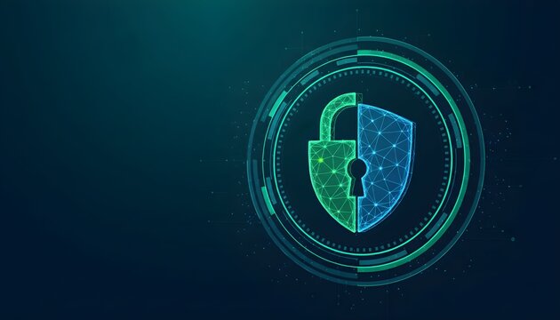 Cybersecurity concept with a glowing digital padlock and shield on a dark background.