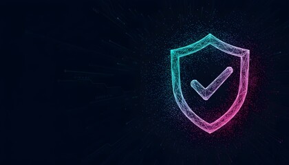 Digital shield with checkmark, security concept, neon style.