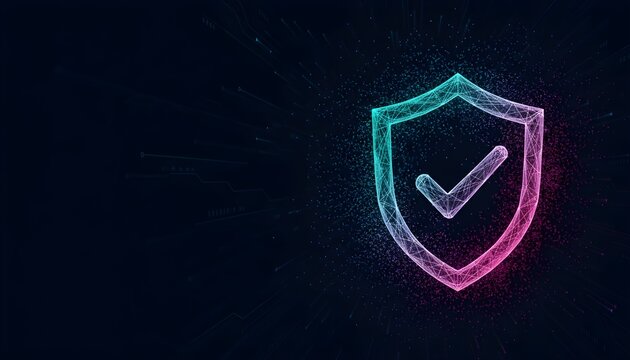 Digital shield with checkmark, security concept, neon style.
