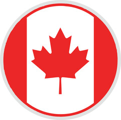 Circular vector icon of the Canadian national flag featuring the red maple leaf and white field, symbolizing national pride, Canadian identity, patriotism, and global travel themes