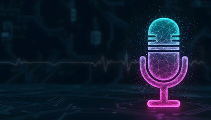 A glowing neon microphone icon on a dark futuristic digital background with a sound wave.