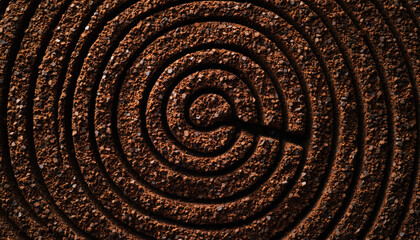 Close up abstract view of dark brown spiral pattern. coarse, rugged surface texture creates mesmerizing and hypnotic visual with its concentric circles and earthy feel