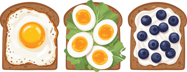 Three whole grain toast slices with egg, greens, and blueberries showcasing healthy breakfast options with protein and fruits