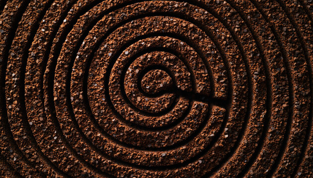 Close up abstract view of dark brown spiral pattern. coarse, rugged surface texture creates mesmerizing and hypnotic visual with its concentric circles and earthy feel