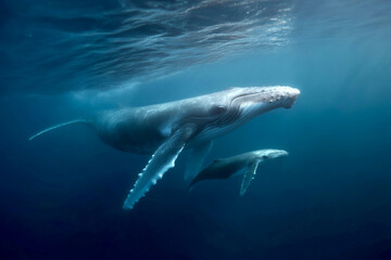 Adult whale swimming near the water surface with a small baby whale beside it, showcasing a tender marine wildlife moment.