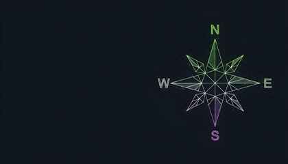 Stylized wireframe compass rose with cardinal directions on a dark background.