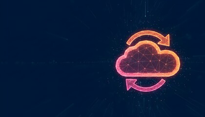 Digital cloud computing concept with arrows indicating data synchronization and transfer on a dark background.