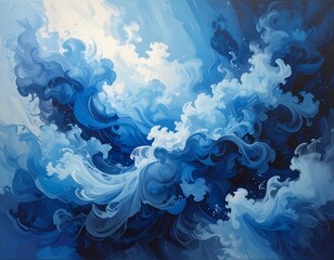 Abstract depiction of blue swirling clouds with light filtering through the sky