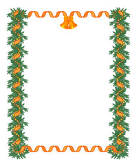Christmas frame, isolated garland of fir branches, orange and gold streamers and bright glowing garland on a white background. Vector illustration.