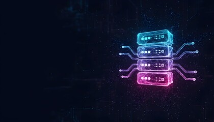 A glowing neon stack of servers with intricate circuitry, symbolizing data storage and digital infrastructure.