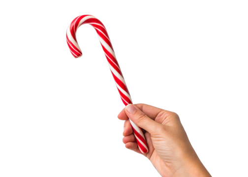 hand holding Candy cane isolated on a transparent background.