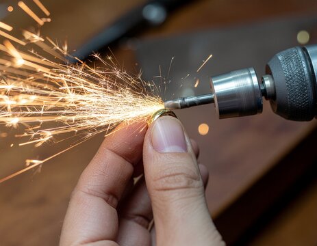 Jeweler's Craft: A skilled hand meticulously works on a delicate piece of jewelry, with focused attention to detail, sparks flying from the tool.