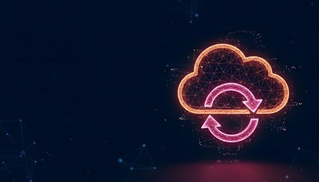 Abstract glowing cloud icon with a pink refresh symbol, representing data synchronization or cloud computing on a dark digital background.