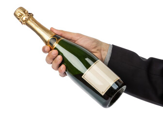 hand holding champagne bottle isolated on a transparent background.