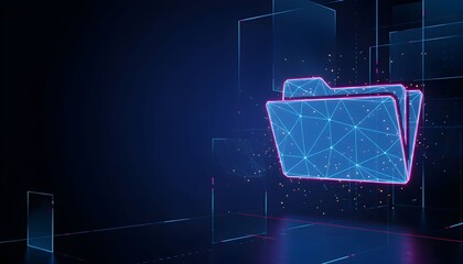 A futuristic digital representation of a folder icon, glowing with blue light against a dark, abstract background.