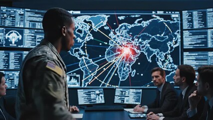 Military officer briefs executives in a dark command center with a glowing world map showing global connections and data - Powered by Adobe