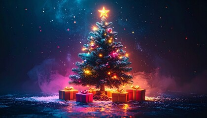 A vividly lit Christmas tree with a star topper and colorful ornaments, surrounded by glowing gifts, set against a magical, sparkling blue and purple dark background.