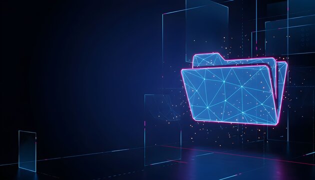 A futuristic digital representation of a folder icon, glowing with blue light against a dark, abstract background.