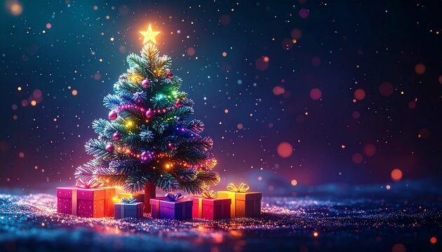 A vividly lit Christmas tree with a star topper and colorful ornaments, surrounded by glowing gifts, set against a magical, sparkling blue and purple dark background.