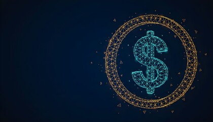 Abstract digital dollar sign within a geometric coin frame representing financial technology and cryptocurrency with a dark blue background