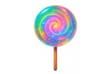 Lollipop with glowing rainbow swirl, magical galaxy effect, vibrant sweet candy icon, transparent background