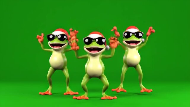 Cheerful Cartoon Frogs Dancing on Green Screen - Three cheerful 3D cartoon frogs wearing Santa hats and sunglasses are jumping and dancing on a green screen background.