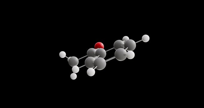 Acetophenone molecule, rotating 3D model of aromatic ketone, looped video on a black background
