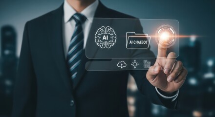 Businessman in a suit interacting with a holographic interface displaying ai icons and data, representing artificial intelligence strategy and digital transformation