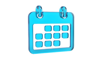 translucent cyan calendar icon showing a month grid with header loops &mdash; perfect for scheduling, event pages, date pickers, booking UIs, appointments, reminders, or calendar features.

