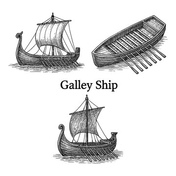 Galley ship ancient oared vessel with hull and deck views in vintage engraved style, Transparent Background