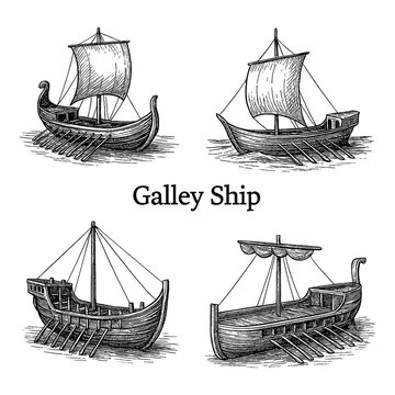 Galley ship ancient oared vessel with hull and deck views in vintage engraved style, Transparent Background